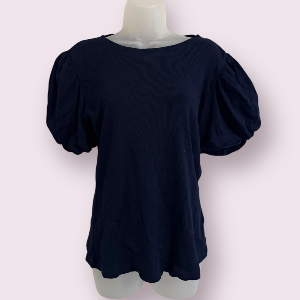 1. State Puff Sleeve Ribbed Knit Top Navy Blue Size M